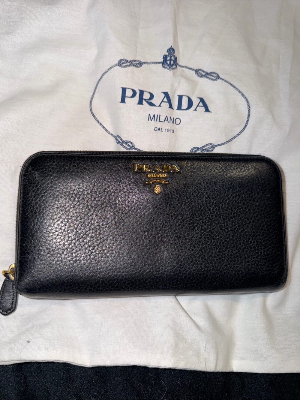 Prada Black Pebbled Leather Zip-Around Wallet with Gold Hardware